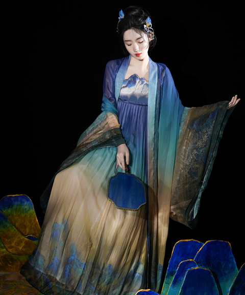 Mountain Blue Gradient Satin Maxi Gown with Shawl