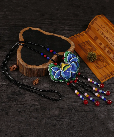 Miao Ethnic Beaded Necklace with Floral Embroidery