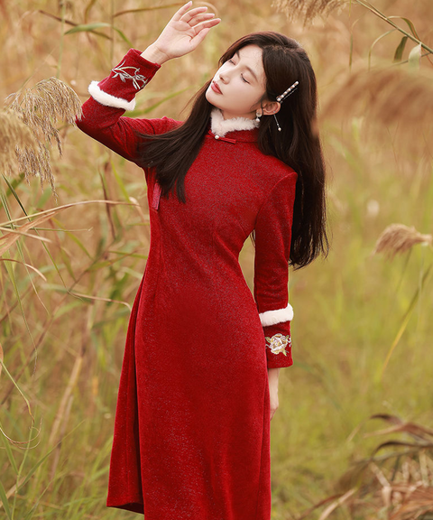 Jolie Fur-lined Woven Midi Cheongsam Dress