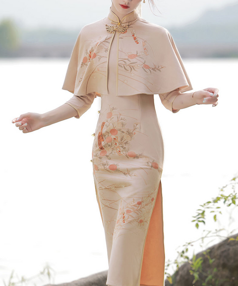 Swiftly Cheongsam Midi Sheath Dress with Shawl