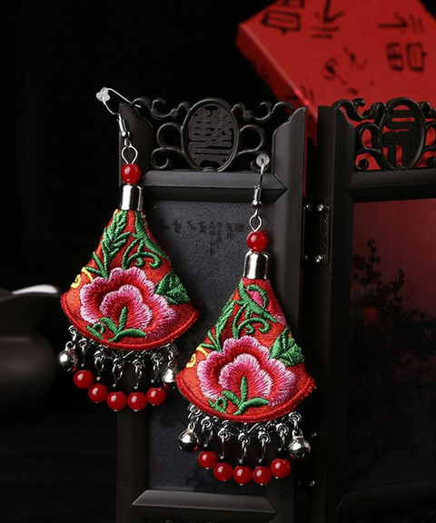Retro Floral Earrings with Peony Embroidery