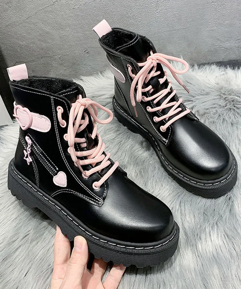 Black & Pink Heart Lace Up Combat Boot