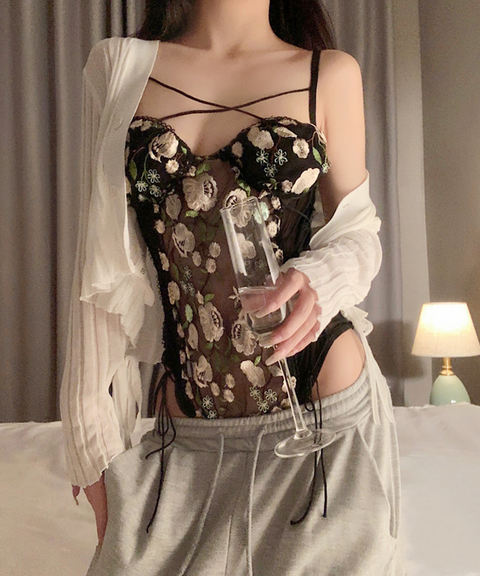 Romantic Floral Embroidered Sheer Lace Bodysuit