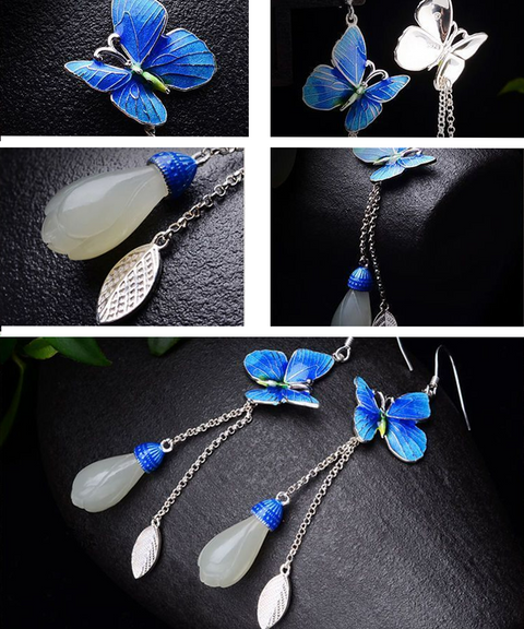 Butterflies in Magnolia Flowers Jade Earrings