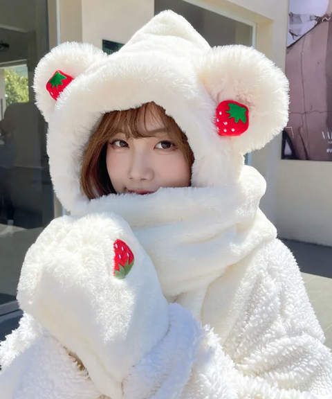 Strawberry Bear Plush Handwarmer Scarf Hat Combo