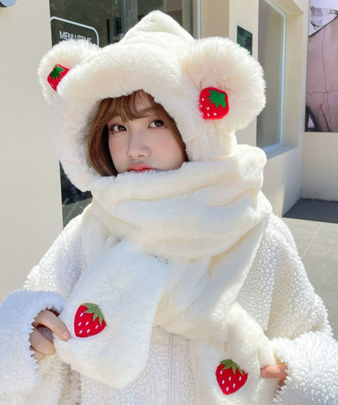 Strawberry Bear Plush Handwarmer Scarf Hat Combo