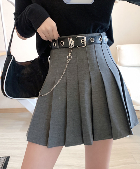 Pleated Mini Skater Skirt with Belt