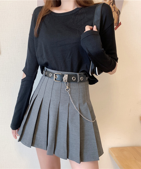 Pleated Mini Skater Skirt with Belt
